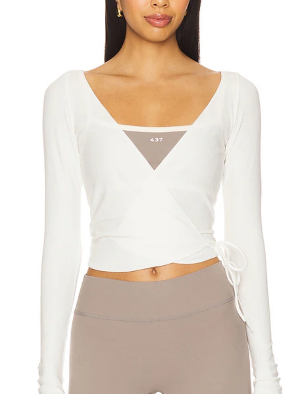437 The Studio Wrap Top in White Long Sleeve Crop Top